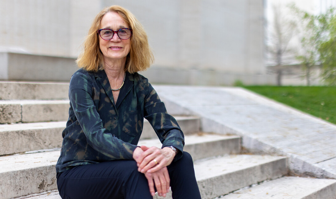 Sherilyn Fritz is photographed on the steps of Sheldon Museum of Art.