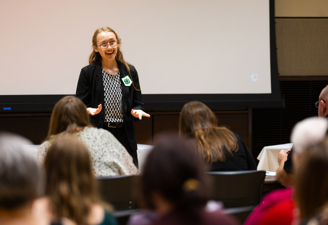Emily Brhel, 17, speaks during the Nebraska 4-H prepared speech senior division finals.