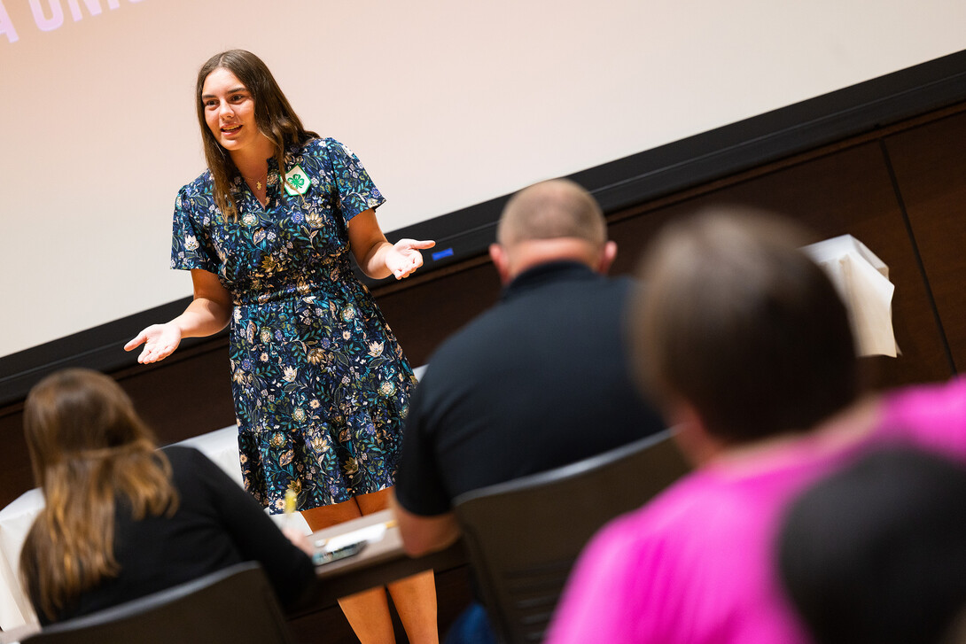 Kara Brockman, a rising senior at Elwood Public Schools, gives her speech to judges, fellow competitors and their families during the Nebraska 4-H prepared speech senior division finals.