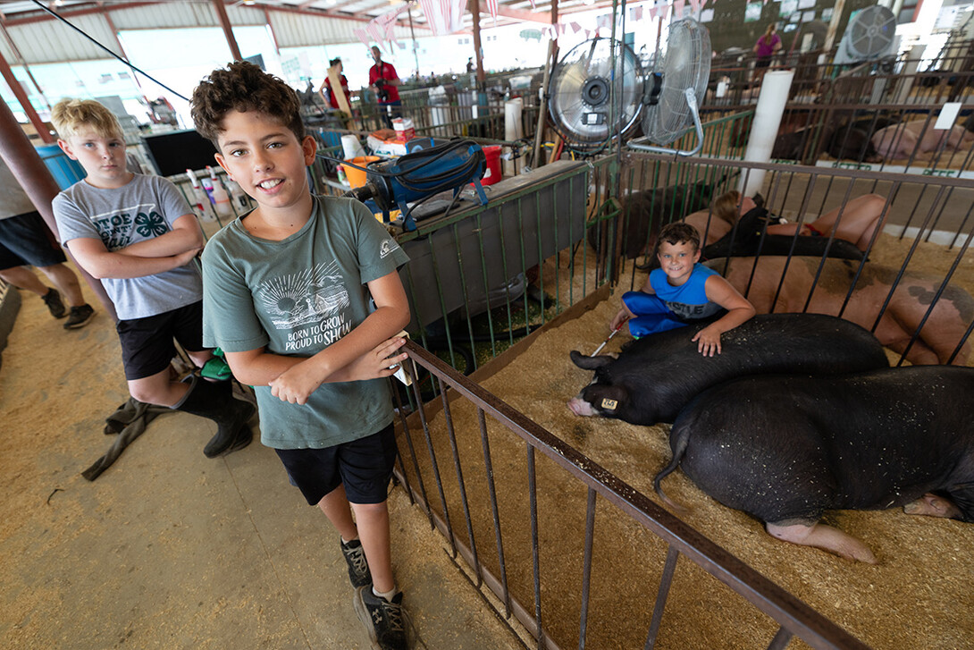 Trent Stubbendick, 12, from Avoca, poses with his friends Elliot Johnson, 12, from Unadilla (left), and Liam Wander, 10, from Syracuse (right), in the livestock barn at the Otoe County Fair on Thursday, July 31. All three show animals for 4-H, including pigs.
