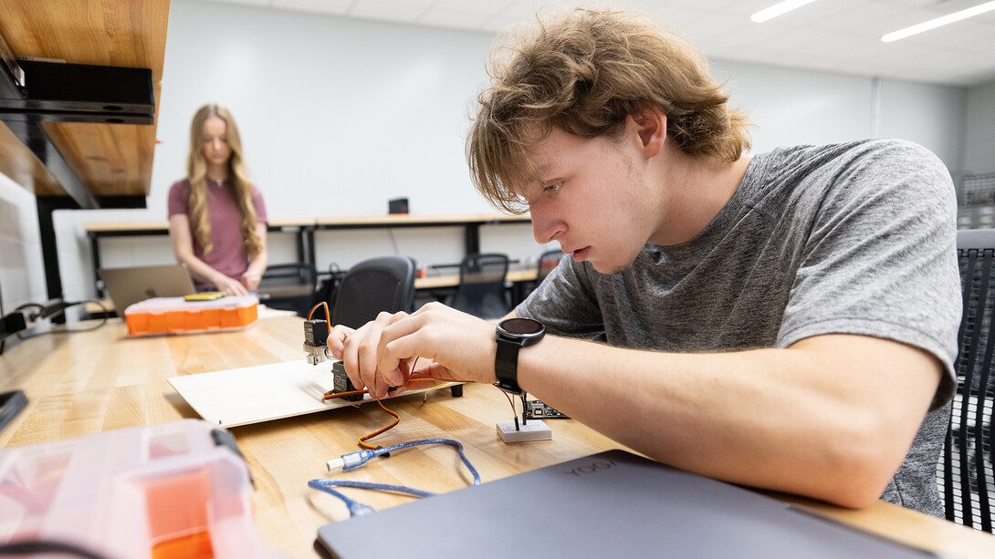 Students work in a robotics lab at the University of Nebraska–Lincoln.
