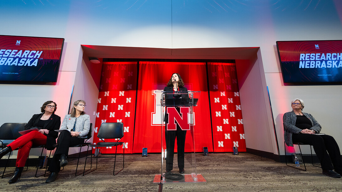 Jennifer Nelson, interim vice chancellor for research and innovation, speaks during the University of Nebraska–Lincoln's Charter Day celebration.