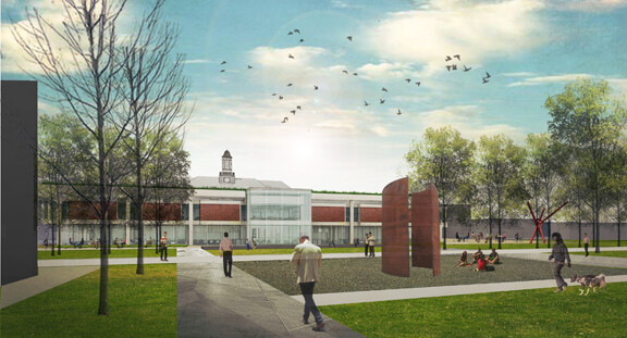 Concept drawing of how the exterior of Love Library North could look with the completion of the proposed library commons project.