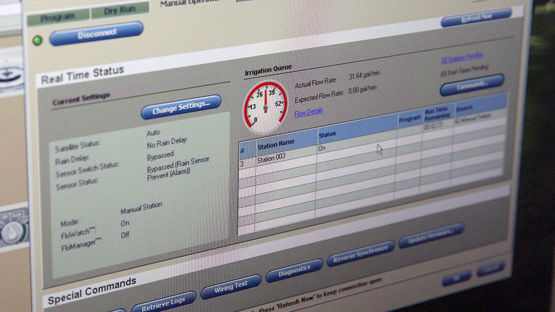 The computer-controlled irrigation system allows landscape services employees to log in and monitor watering across campus. The system provides real-time information on current irrigation, including water pressure (red gauge), and total water being used. It also can issue alerts if it detects problems within the irrigation network.