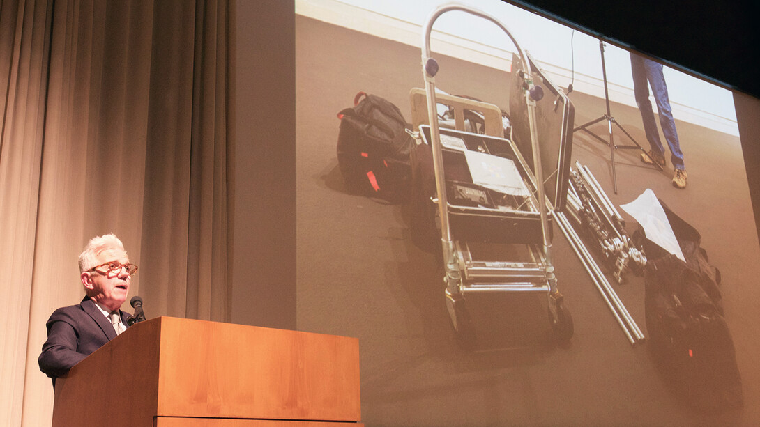 Wally Mason, director of UNL's Sheldon Museum of Art, discusses the museum's digitization project during an April 7 event.