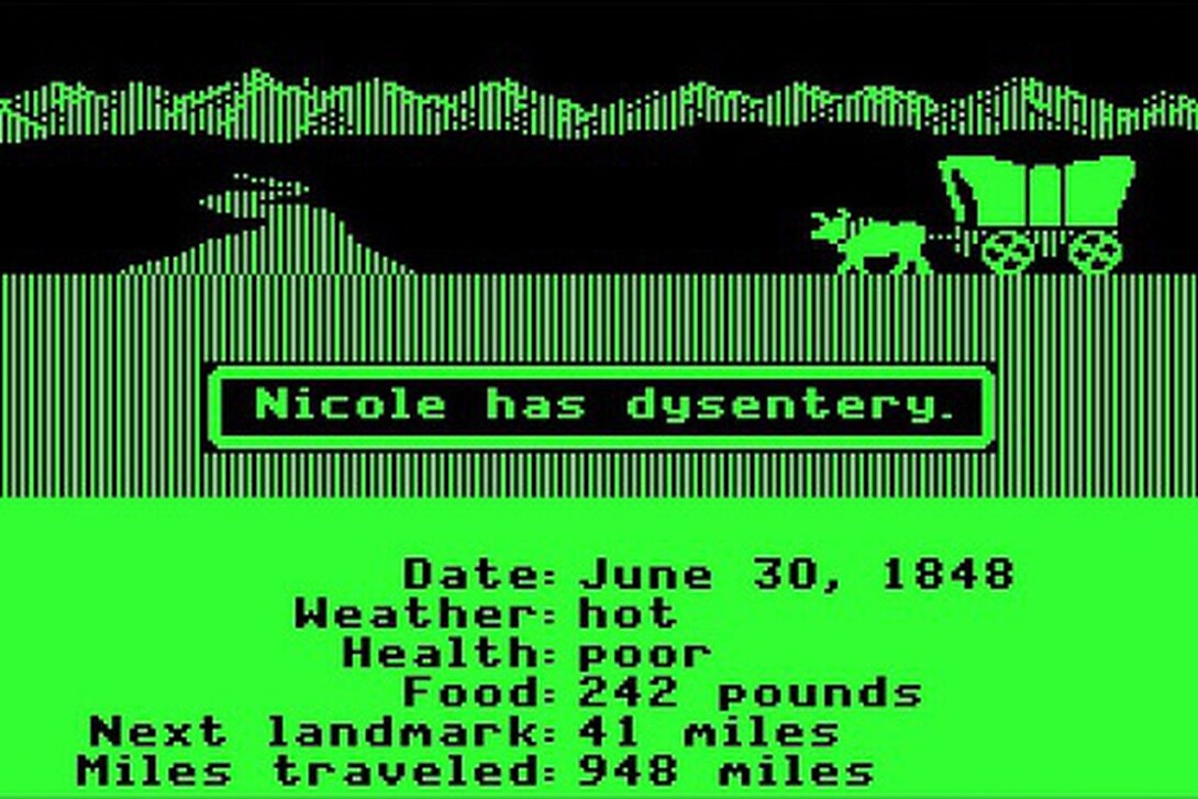 Original view, featuring dysentery illness, from the Oregon Trail game.