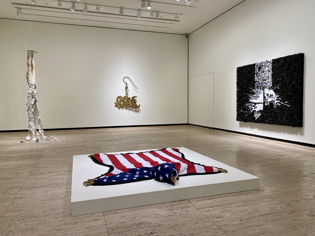 Image caption: Works by Lesley Dill, Nicholas Galanin, Amanda Ross-Ho, and Leonardo Drew are featured in “The Scene Changes: Sculpture from the Collection” at Sheldon Museum of Art.