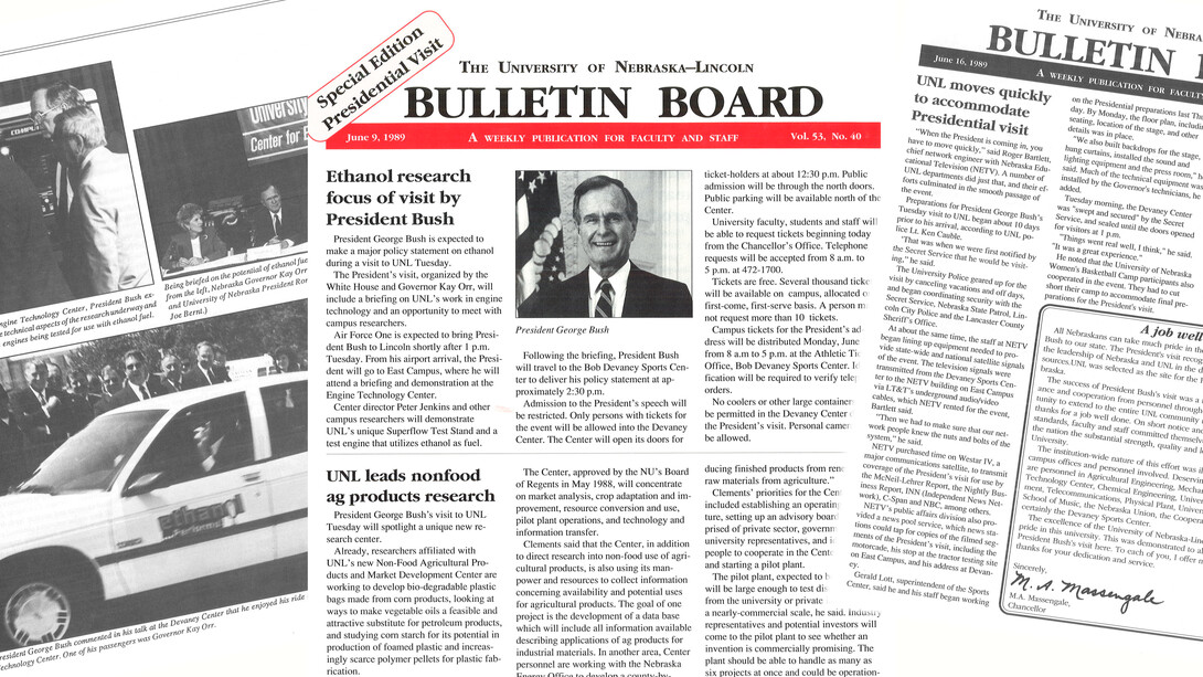 President George Bush's 1998 visit to Nebraska was chronicled in the Nebraska Bulletin, a newsletter for faculty and staff. Read the coverage at http://bit.ly/2AP51nz.