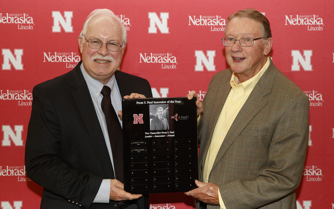 P. Stephen Baenziger (left), professor of agronomy and horticulture, was presented with the Prem S. Paul Innovator of the Year award during the NUTech Ventures 2017 Innovator Celebration. Donald Weeks, emeritus professor of biochemistry, received the awar