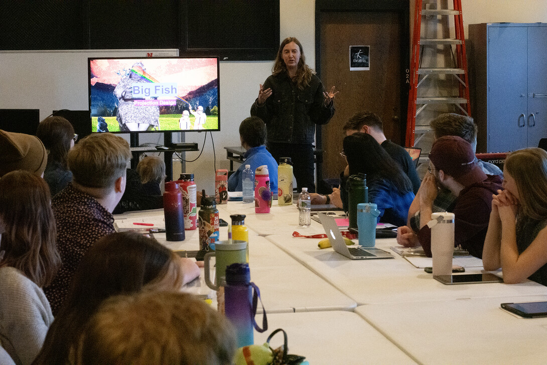 Assistant Professor of Practice in Emerging Media Arts Anna Henson speaks to cast and crew at an early table read for "Big Fish." Photo by Brian Garbrecht.