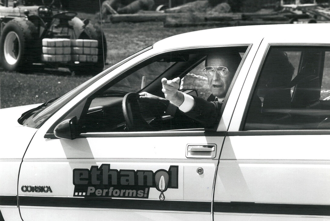 With then-Nebraska Governor Kay Orr in the passenger seat, President George Bush drove an ethanol-powered Chevrolet around the Nebraska Tractor Test Laboratory track during his 1998 visit to campus.