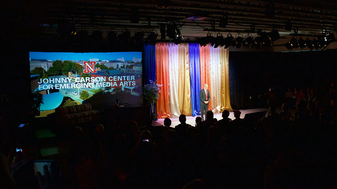 Chancellor Harvey Perlman announces the name of the new Johnny Carson Center for Emerging Media Arts on Nov. 6. The announcement included a stage that resembled Johnny Carson's Tonight Show set.