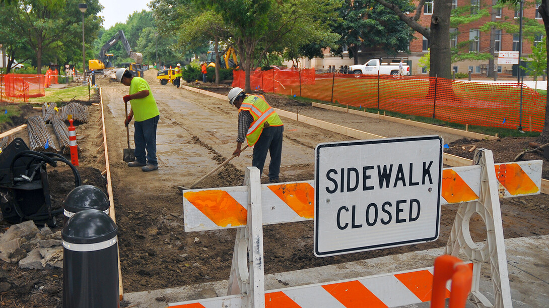 K2 Construction workers complete prep work for new concrete that will be poured as part of UNL's renovation of the 12th Street mall. This summer, the project will focus on the stretch from Bessey to Burnett halls. It includes the creation of a specific lanes for pedestrians and bikes.