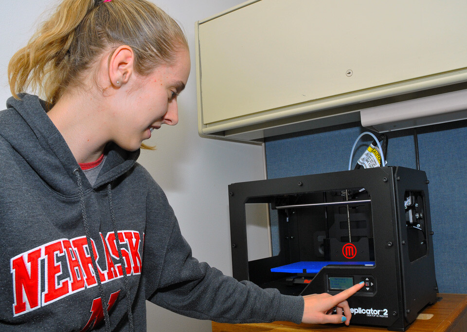 Marissa Clow, a senior interior design major, was hired to set up and run the 3D printer at Print Services. The new service was unveiled during the Supplier Showcase on Oct. 22.