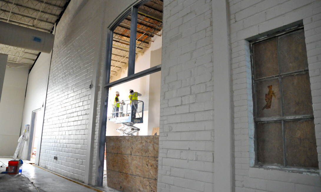 Construction continues inside the former 4-H Building on Nebraska Innovation Campus. The 4-H Building is linked to the new Companion Building. The space will include a conference center, commons area, and office and meeting space.