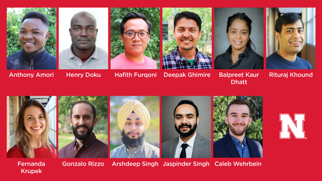 Doctoral students Anthony Amori, Henry Doku, Hafith Furqoni, Deepak Ghimire, Balpreet Kaur Dhatt, Rituraj Khound, Fernanda Krupek, Gonzalo Rizzo, Arshdeep Singh, Jaspinder Singh and Caleb Wehrbein receive fellowships and awards.