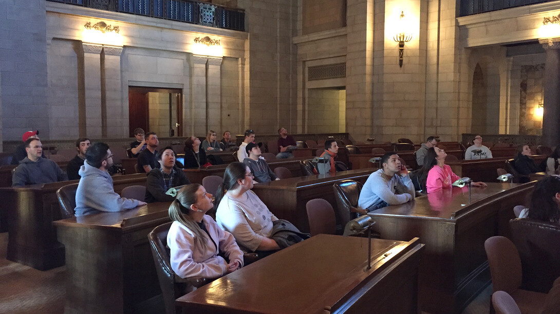 Students in a "History of Nebraska and the Great Plains" (HIST 360) class led by Ann Tschetter toured the Nebraska State Capitol on Feb. 13. Tschetter created a new course curriculum designed to get students thinking critically about state history.