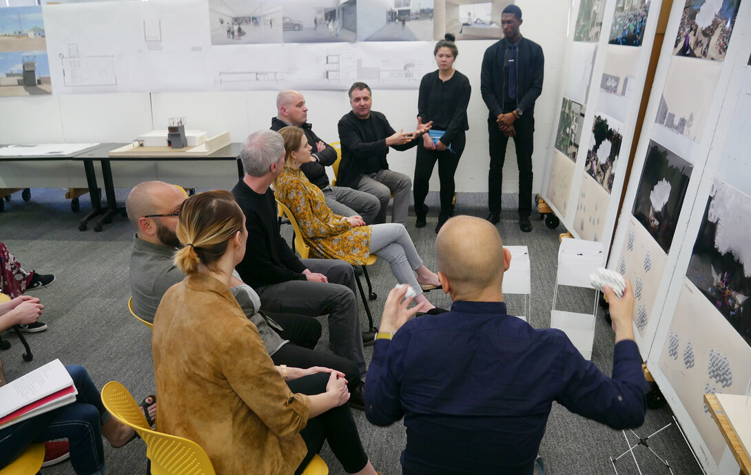 Students present canopy design concepts to Jazz in June organizers during the spring semester. If funding can be secured, the canopy will be used during the 2019 Jazz in June concert series.