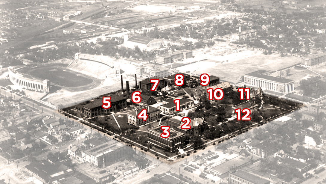 The original University of Nebraska campus was four city blocks, framed by 10th, 12th, R and T streets. Buildings shown in this image from circa-1926 are: 1. University Hall (with top floors removed); 2. the original library, Architecture Hall today; 3. old Law College (also part of Architecture Hall today); 4. Brace Laboratory of Physics; 5. Mechanical Engineering Laboratories (Richards Hall); 6. Electrical Engineering building; 7. Mechanical Arts (Stout Hall); 8. old Nebraska Hall (with top fl