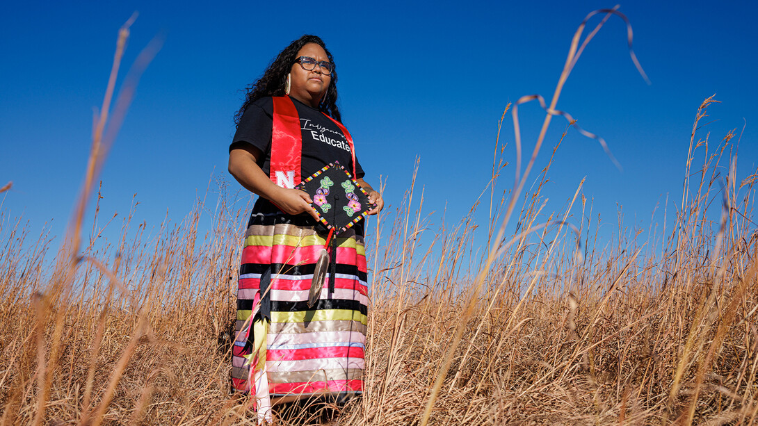 For the graduation ceremony, Nasia is wearing a traditional medicine skirt to express her Indigenous pride.