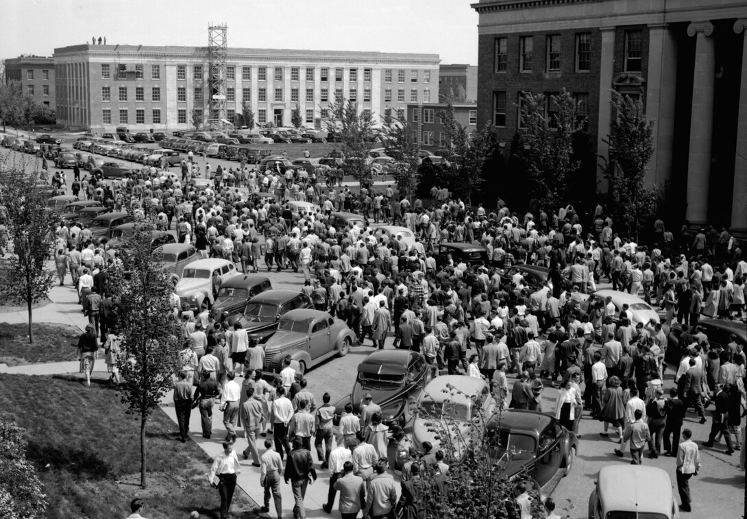 Students participate in the parking riot of 1948. The riot started due to a lack of on-campus parking spaces. The riot started after student veterans, recently returned from World War II, confronted police who were ticketing cars that were double parked on streets. The police responded with tear gas. The students ended up marching around campus before parading down O Street in their cars.