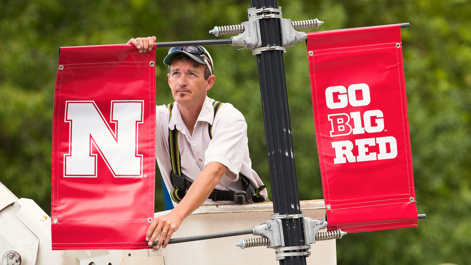 The Nebraska N is placed on a lamp post along R Street on July 1.