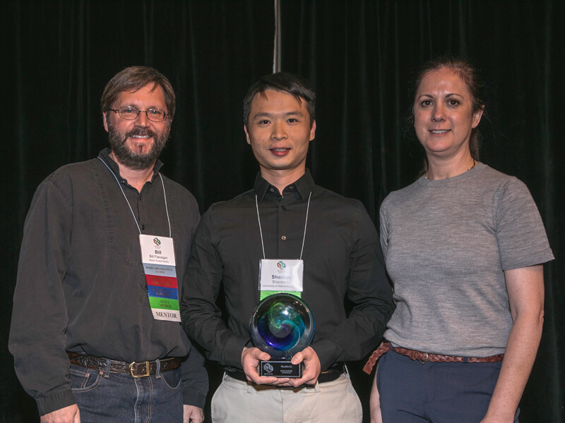 Nebraska’s Shaobin Li (center) receives the Student Life Cycle Assessment Leadership Award from American Center for Life Cycle Assessment representatives Bill Flanagan (left) and Debbie Steckel (right).