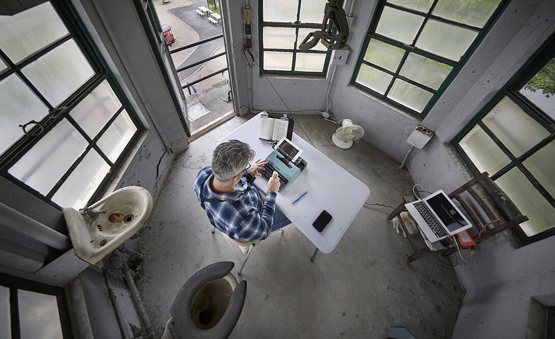 Tim You retyping John Cheever’s Falconer. 211 pages typed on an Olivetti Lettera 32. Decommissioned guard tower at Sing Sing Prison, Ossining, NY, June 2018.