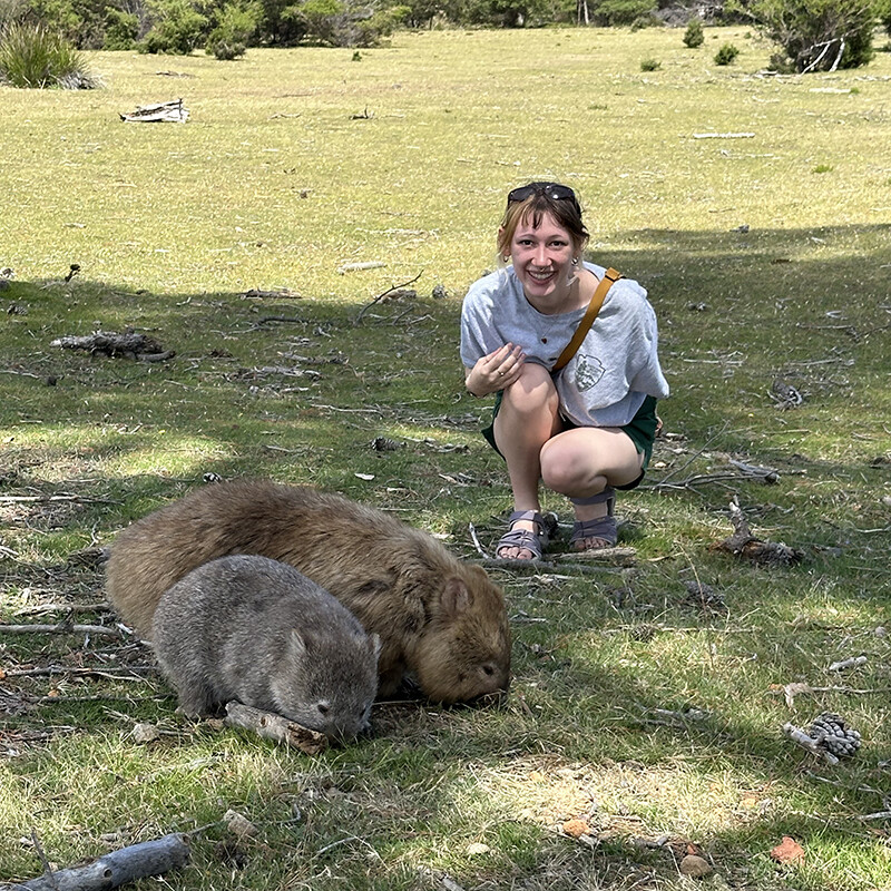 Soledad Stevanov, a junior majoring in fisheries and wildlife, dressed in a gray shirt and black shorts with her brown hair up in a ponytail, gets a closeup with a wombat and her joey on Maria Island in Tasmania