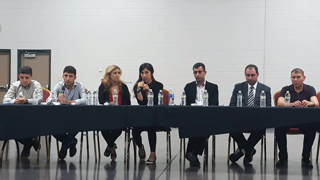 Hadi Pir (left), UNL student Khalaf Smoqi (second from left), Laila Khoudeida (third from left) and Ziyad Smoqi (second from right) were among Yazda leaders who met with Nobel Peace Prize winner Nadia Murad (fourth from left) during a September 2016 visit to Lincoln.