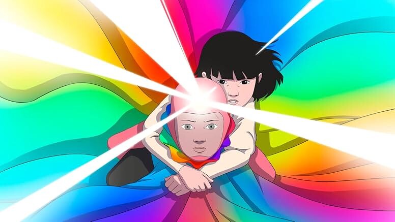 A vibrant aniimation of a boy zooming through a rainbowwith a dark-haired little girl holding onto him.
