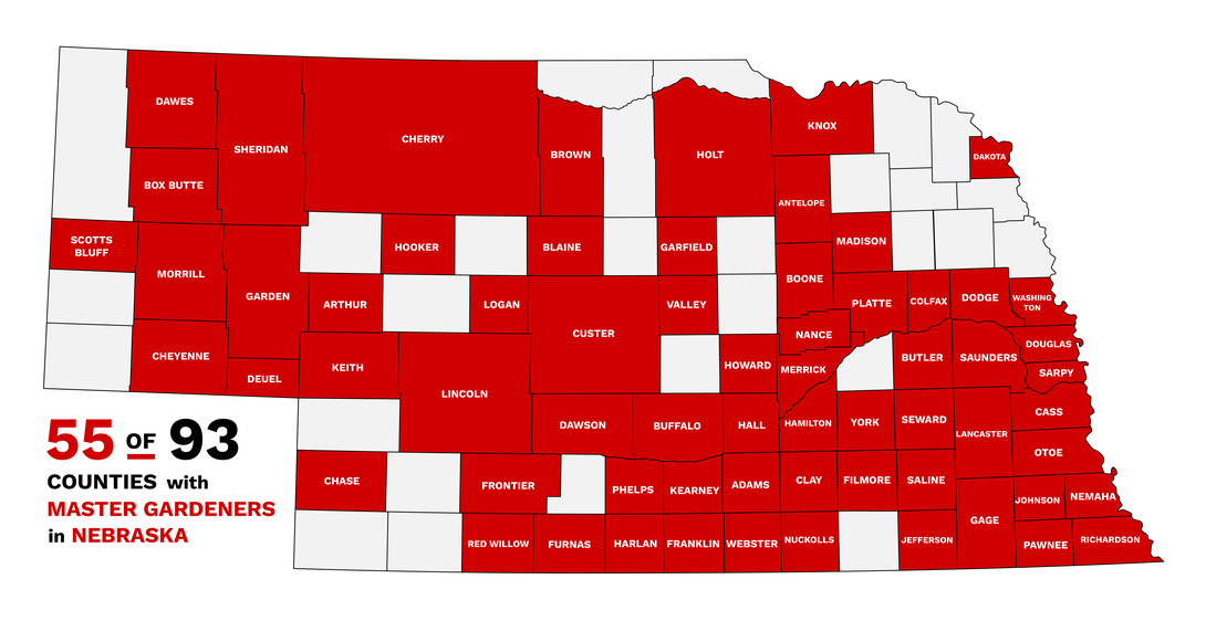 There are master gardener volunteers in 55 of the 93 counties.