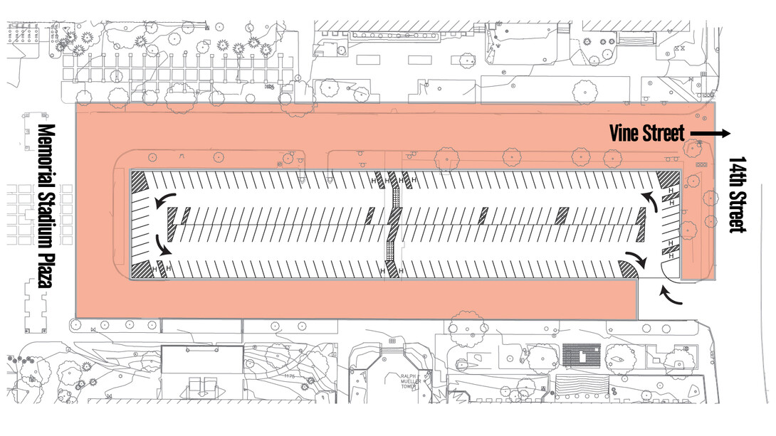 Area A parking (shown in light red) along Nebraska's Memorial Stadium loop road will close for a construction project starting Dec. 26. 