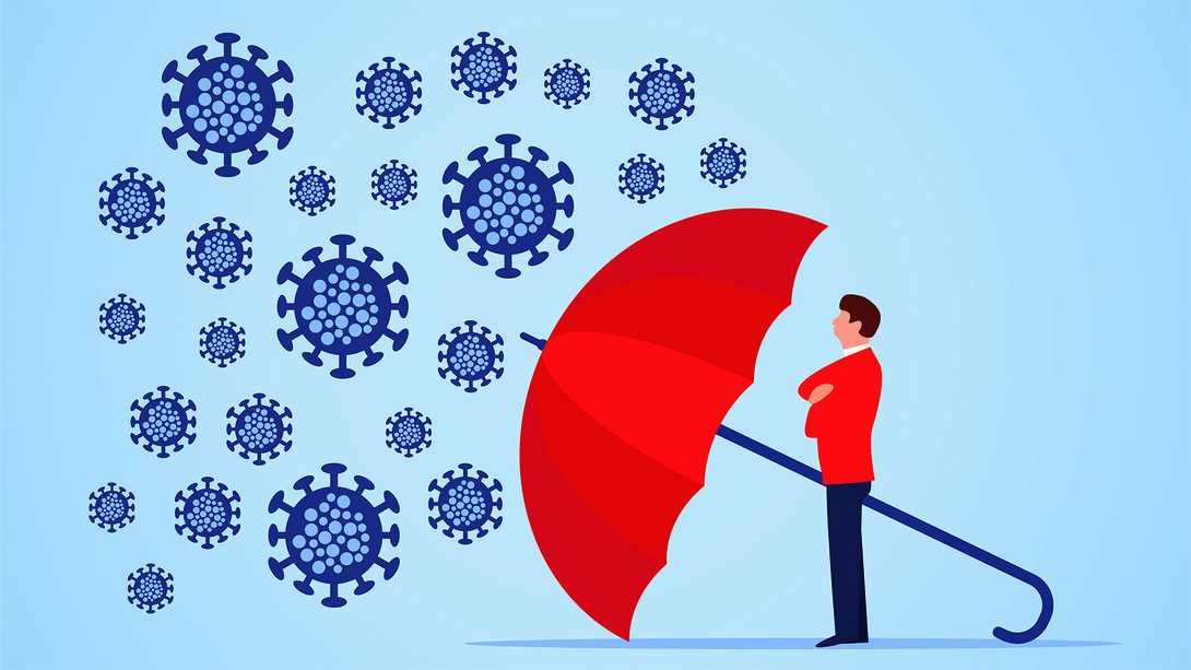 graphic of a man in a red coat standing behind an umbrella that is stopping virus.