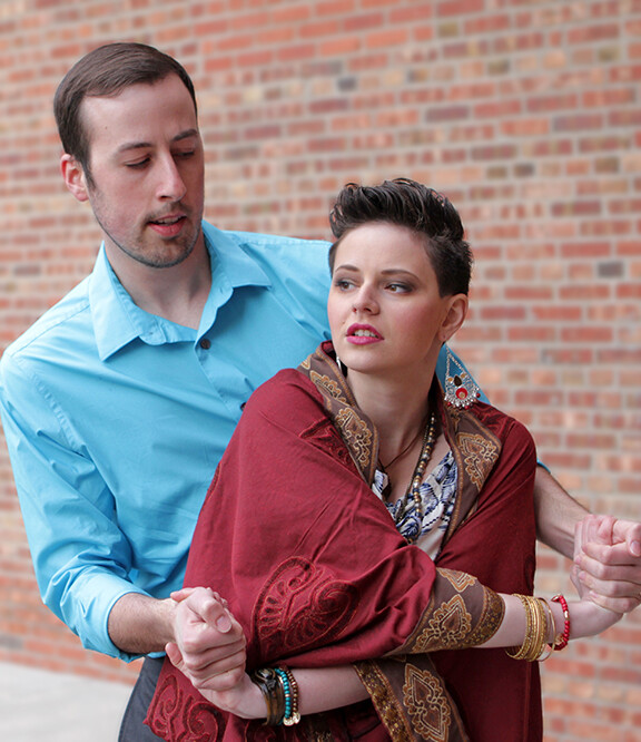 The University Theatre production of "Medea" features (from left) Thomas Boyle as Jason and Jesse Debolt as Medea.