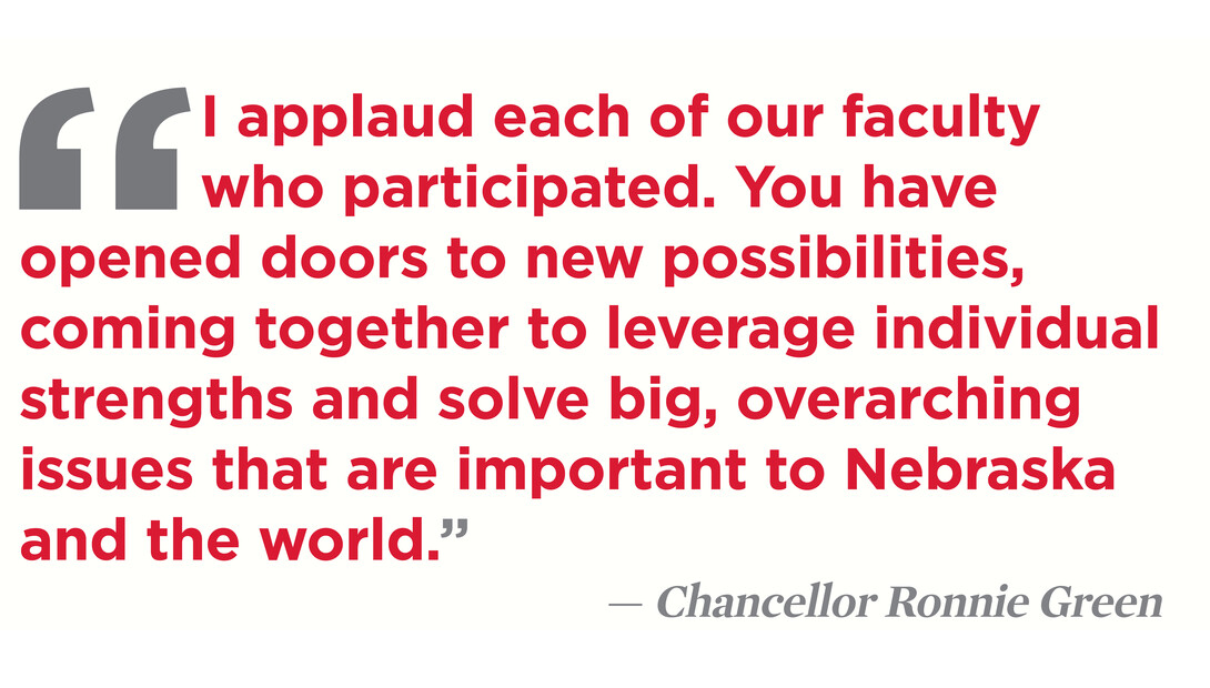 Quote from Chancellor Ronnie Green — "I applaud each of our faculty who participated. You have opened doors to new possibilities, coming together to leverage individual strengths and solve big, overarching issues that are important to Nebraska and the world."