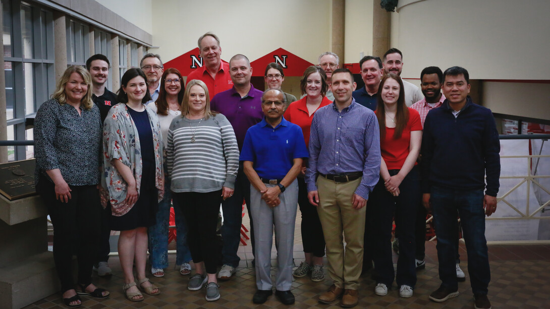 Swine researchers at UNL include (front, left to right): Amy Desaulniers, Sarah Sillman, Amy Schmidt, Asit Pattnaik, Seth Harris, Brooke McAnally and Hiep Vu; (back, left to right): Danny Ahern, Gustavo Delhon, Angie Pannier, David Steffen, Ty Schmidt, Talia Everding, Natalie Erker, Rick Stowell, Brett White, Duncan Paczosa and Olivier Munezero.