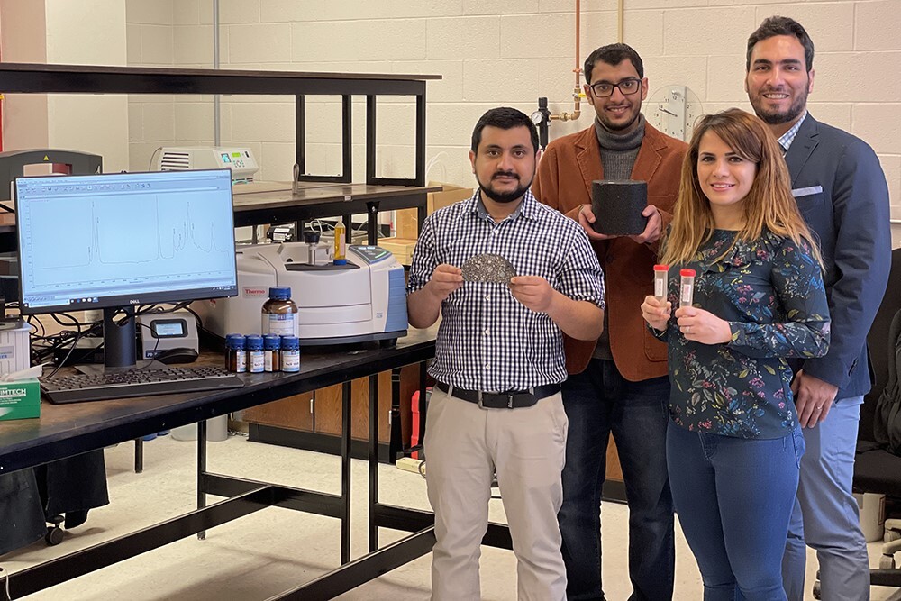 The team of Nebraska researchers and engineers working on the asphalt project includes (from left) Nitish Bastola, Khalid Al Washahi, Mahdieh Khedmati and Hamzeh Haghshenas Fatmehsari.