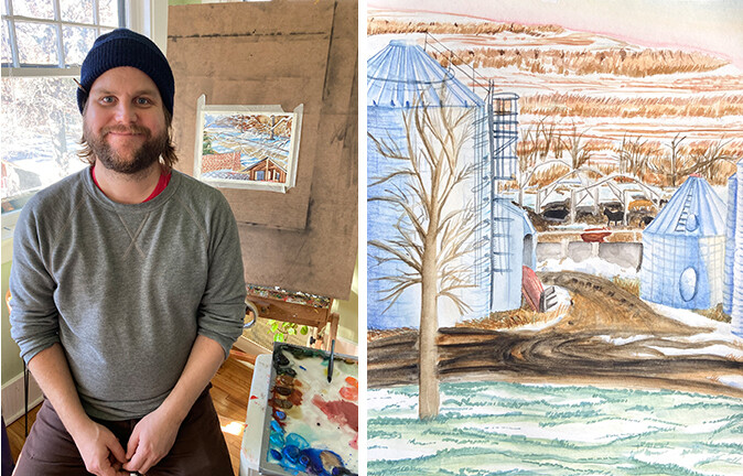 Left: Assistant Professor of Practice Byron Anway in his home studio. Right: Joselyn Andreasen’s View from her Studio Window assignment.